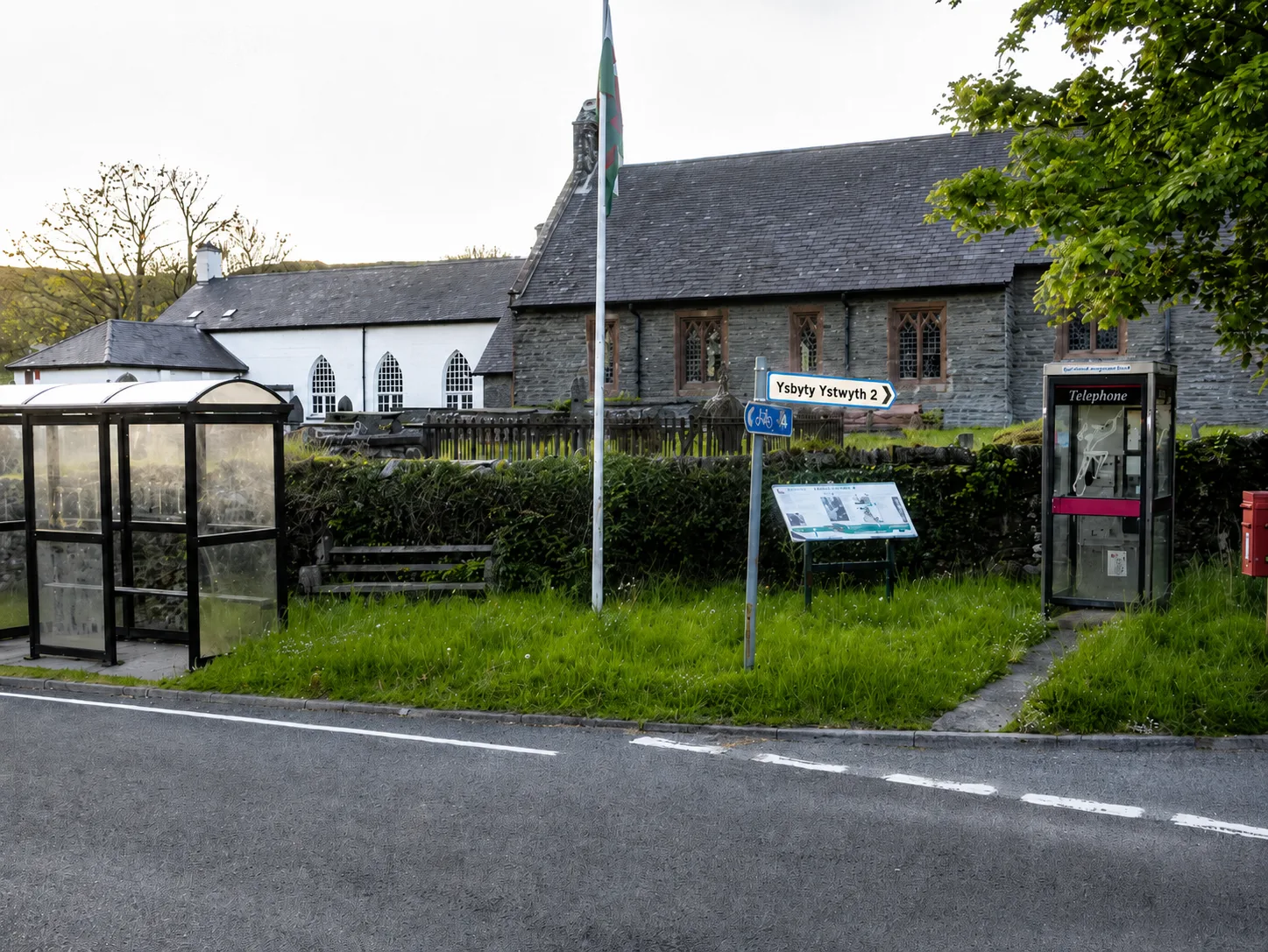 Beautiful view of Ystrad Meurig village hall in the Ceredigion countryside